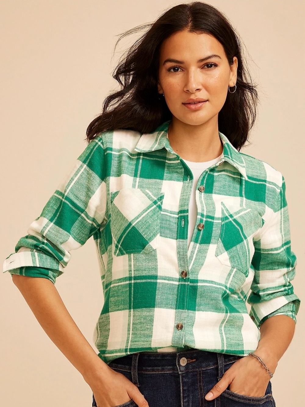 Women's Green Plaid Button-Down Shirt - Relaxed Fit
